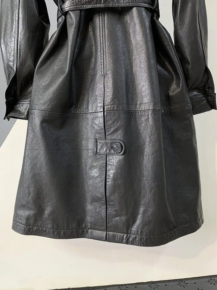 Concise Style Lapel Genuine Leather Belt Button Trench Jacket Solid Color Long Sleeves Cowhide Slim Ladies Fashion Outerwear