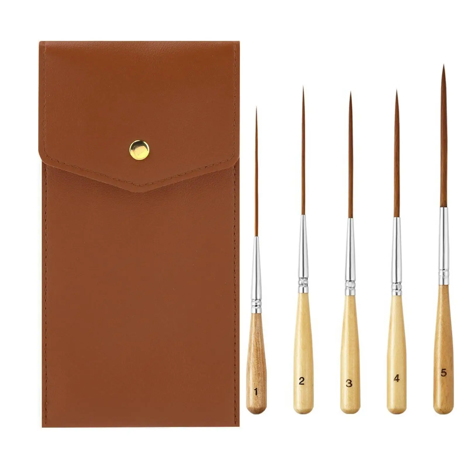 Long Point Fine Line Brush Set for Artists Precision Detailing with Leather Travel Case Silver Metal Ferrules