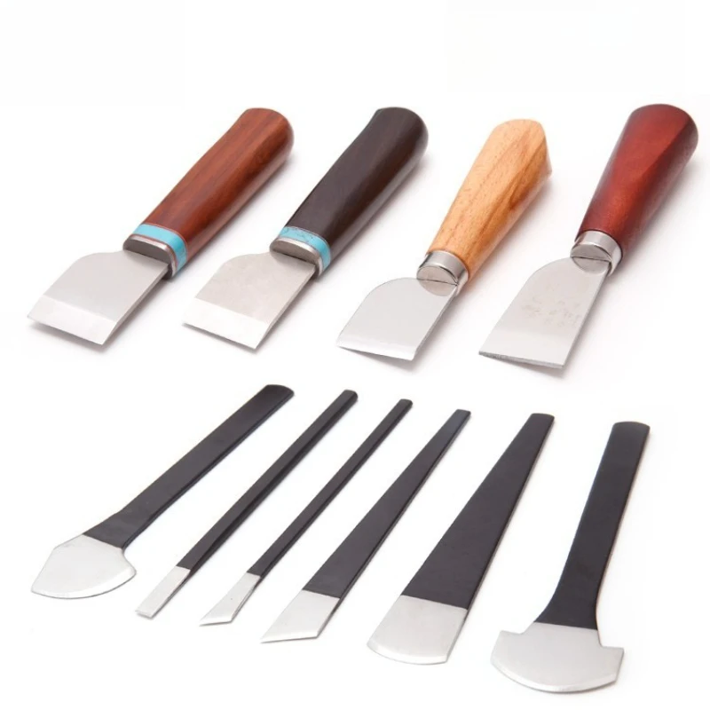 Sandalwood Handle Leather Cutting Knife DIY Leathercraft Tool Straight Curved Bevel Blade for Bag Wallet Craft Skiving Trimming