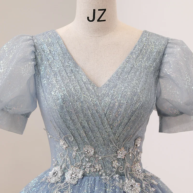 2022 Bleu brillant Paillettes Bal Quinceanera Robes Col En V Courtes Bouffantes Manches Corset Dos Doux 15 16 Filles Robes