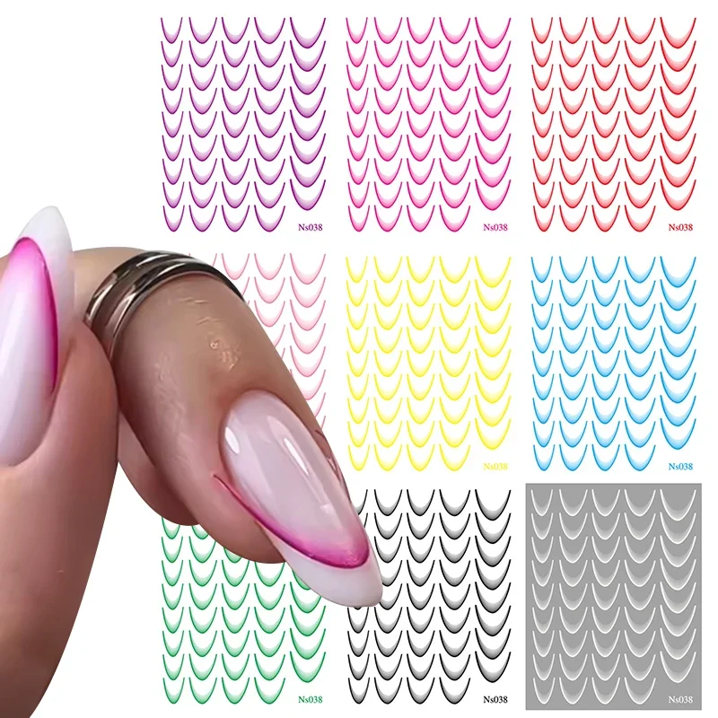 Pegatinas de uñas de estilo francés de colores 3D, diseño romántico francés, accesorios de uñas de moda, calcomanía de línea degradada, 9 piezas