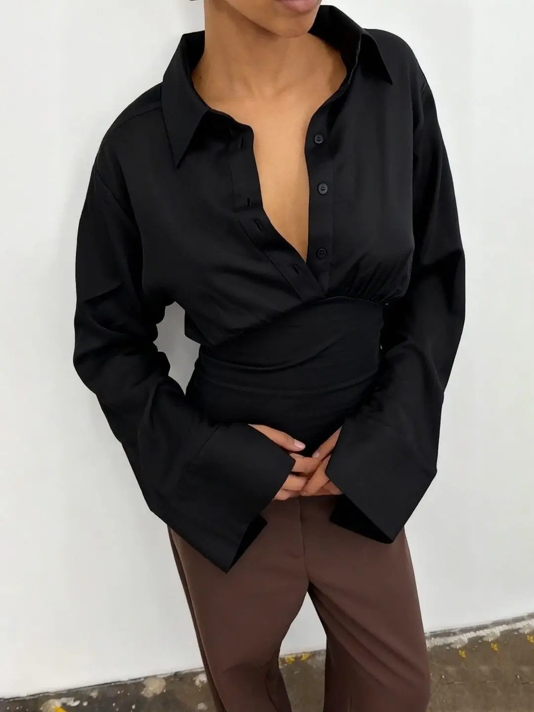 

Slim Fit Long Sleeve Single Button Top Women's Cleanfit Shirt PU Material Fleece Lined Thickened Winter Casual Business