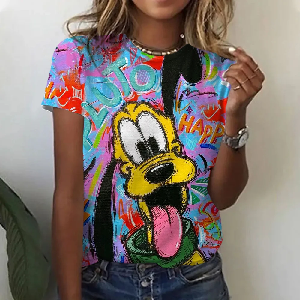 Disney Goofy T-shirt Donna Anime Tee Shirts Cartoni animati Kawaii Abbigliamento casual Moda Cotone Unisex Streetwear Harajuku Top