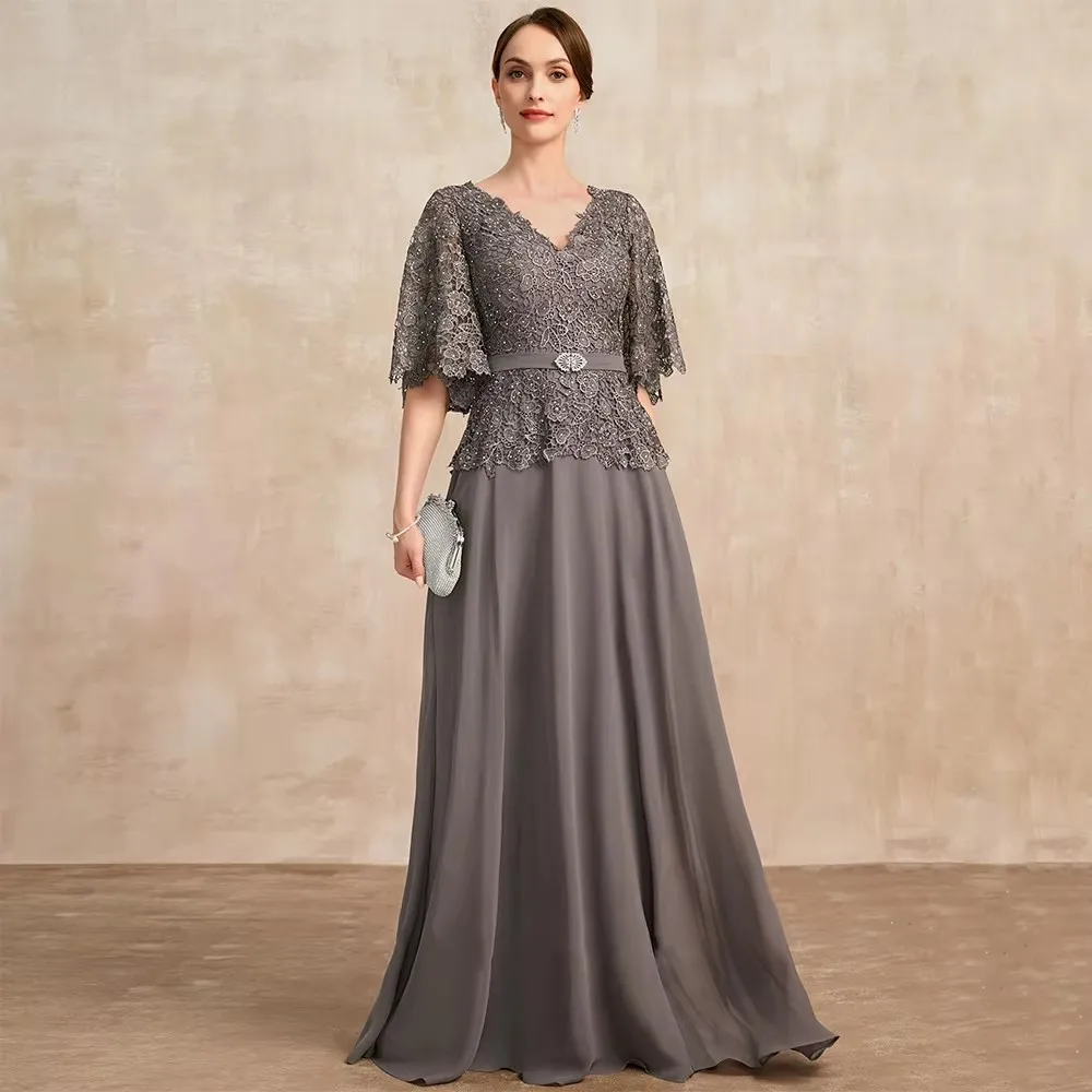 Elegant Gray Mother of The Bride Dress Batwing Sleeves V Neck Stones Lace Chiffon A Line Wedding Guest Party Gown f