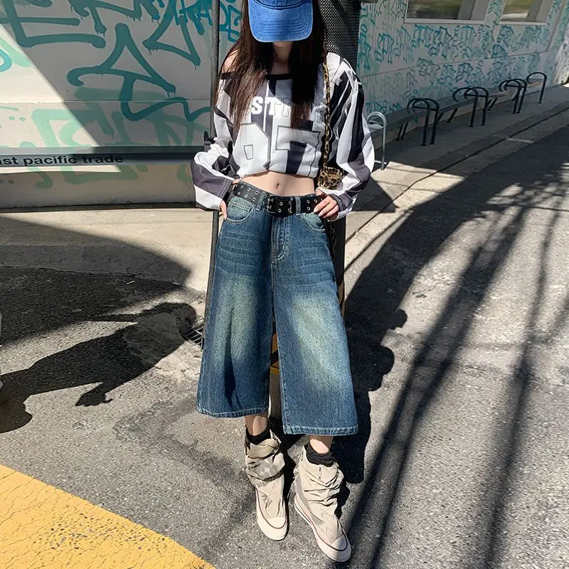 

Retro Denim Women's Summer Loose Wide Leg Straight Calf-Length Mid-Pants Y2K streetwear Harajuku Hip Hop Popular Casual Shorts