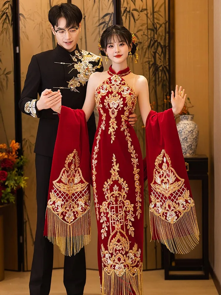 

Свадебное платье Cheongsam для тяжелой промышленности, тост на помолвку, новые стили, красные шали для невест и