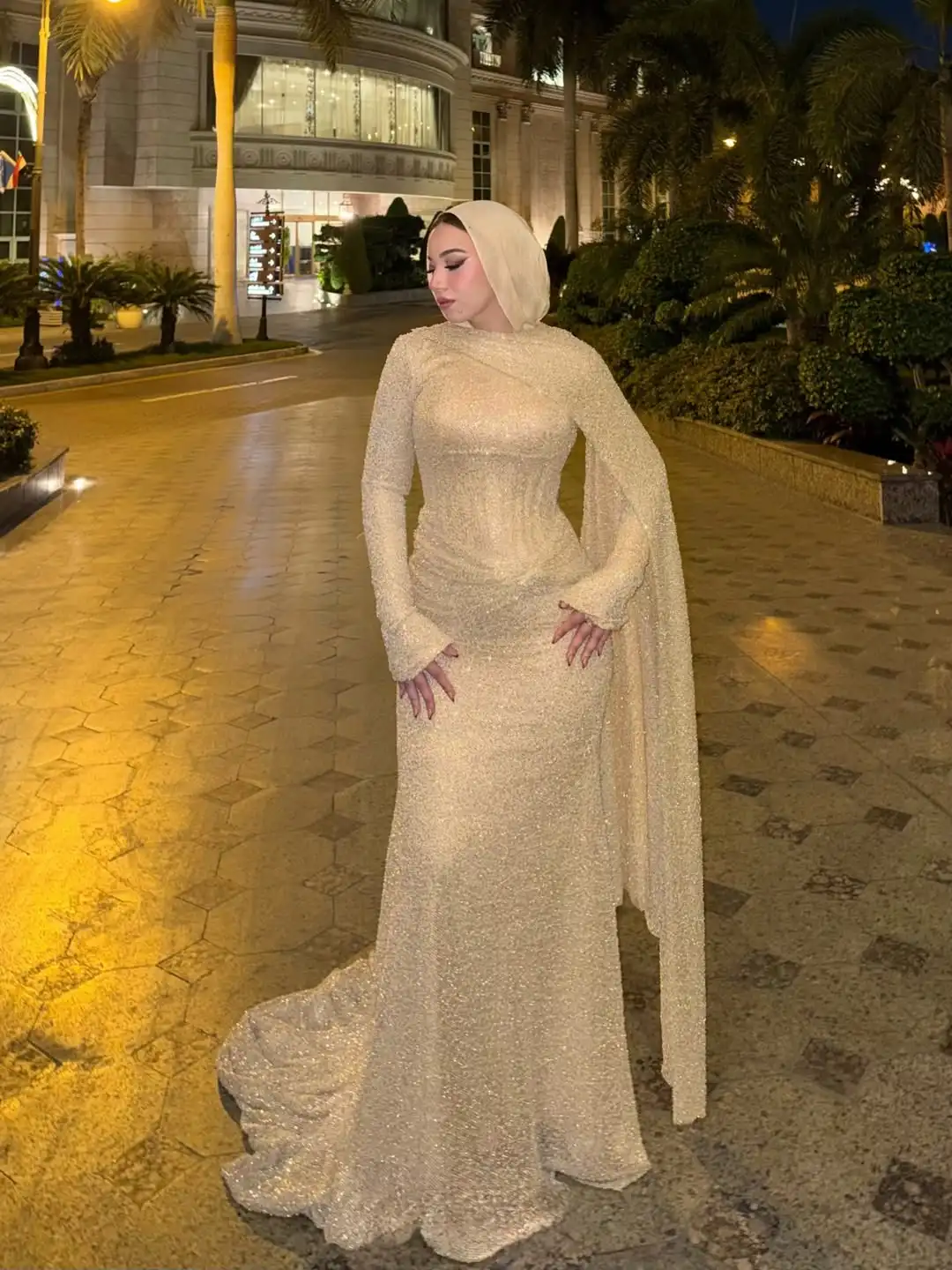 

Luxury Modest Trend Mermaid Full Sleeve Cape Sequin Elegant Waist Pleated Evening Gown For Saudi Formal Banquet Wedding Event