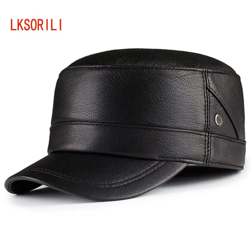 

New Genuine Leather Cap Men's Flat Caps Army Hat Elegant Man Baseball Cap British Vintage Cowhide Leather Hats Warm Earmuffs