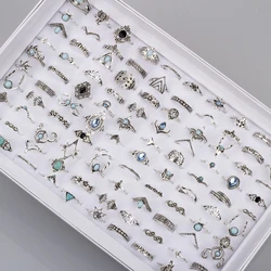 50Pcs/Lot Bohemia Vintage Silvery Rings for Women Men Mix Size Crown Elephant Butterfly Finger Ring Party Jewelry Gift Wholesale