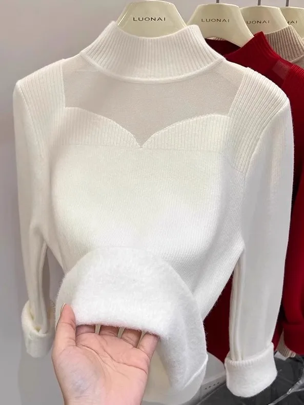 Thiened f High Collar Net Splicing Sweater Women's Autumn Winter Inner Wear One-Piece Fce Design Versatile Slimming B...