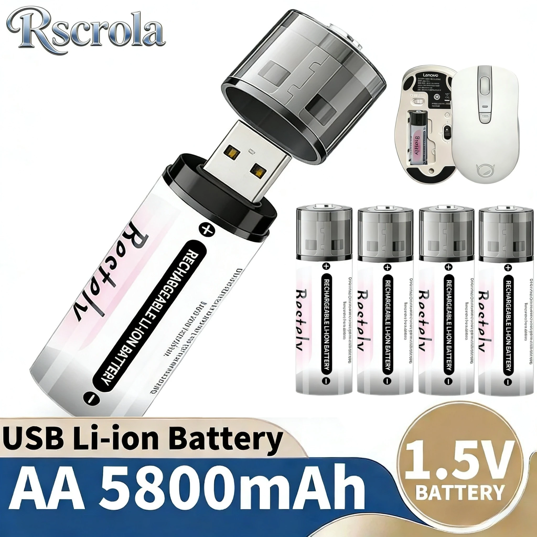 1.5V 5800mAh Rechargeable Li-ion AA Battery with Removable Cap USB Charging for Remote Control Mouse Small Fan