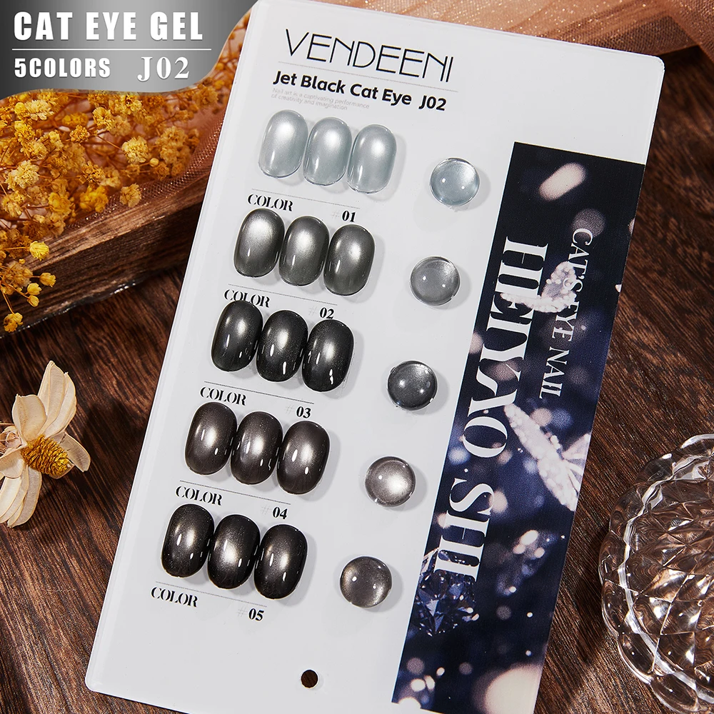 ยาทาเล็บเจลแมวตาคริสตัล Vendeeni 5 สี/ชุด กึ่งถาวร ประกายวิบวับ แม่เหล็ก UV LED ลอกออกได้ พร้อมจอแสดงผล