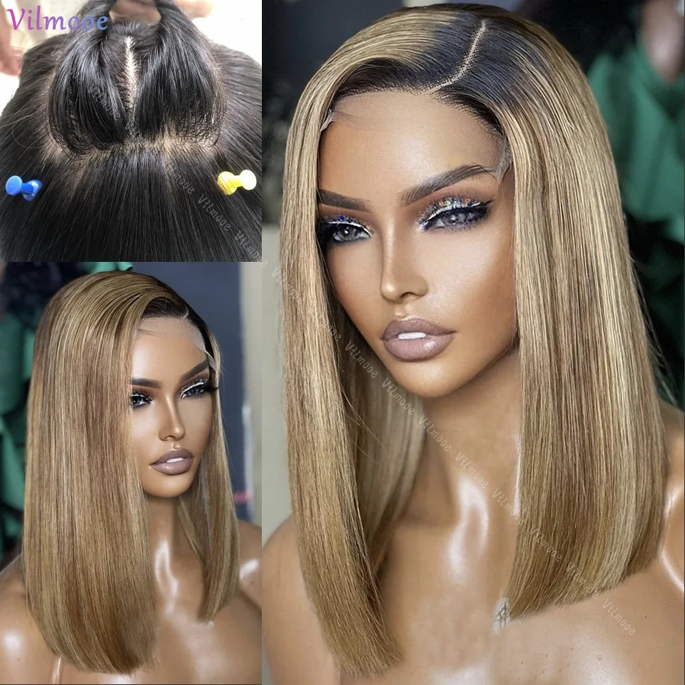 

Highlight Wig Fake Scalp Lace Front Wig13x4 Left Side Part Short Bob Straight Honey Blonde Silk Base Lace Closure Human Hair Wig