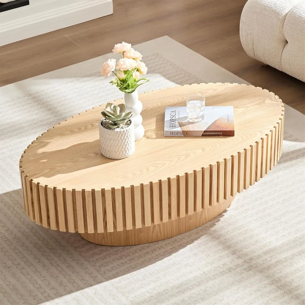 Oval Drum Coffee Table Hand Embossed Solid Base Wood Olive Shaped Tea Table for Living Room, 43.7''L X 13.38''H