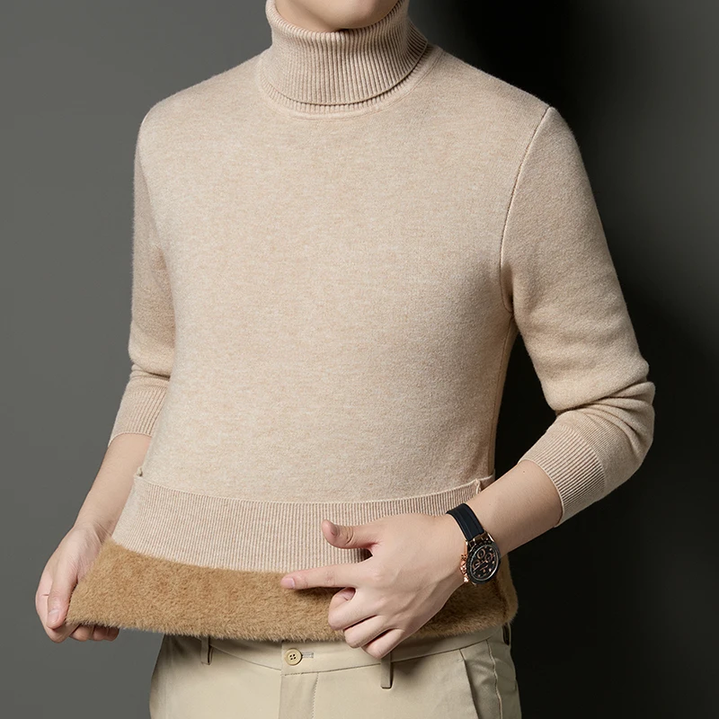 High neck sweater men's winter new style with added fleece and thick wool sweater for warmth, inner layer and base knit sweater