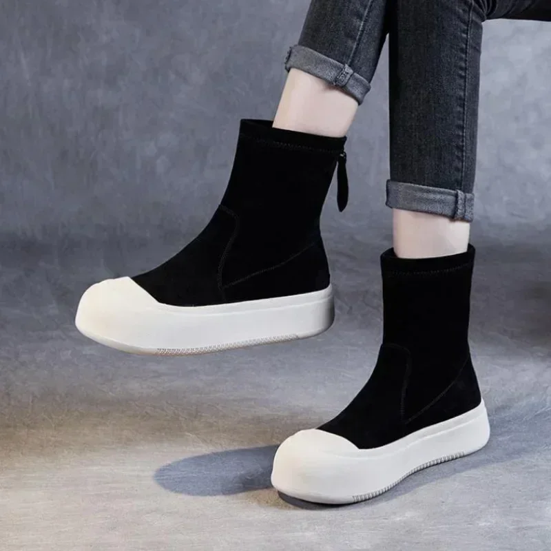 2024 New 4CM British Suede Ankle Boots Leather Platform Wedge Chimney Spring Fashion Women Loafer Autumn Sheepskin Comfy Shoes