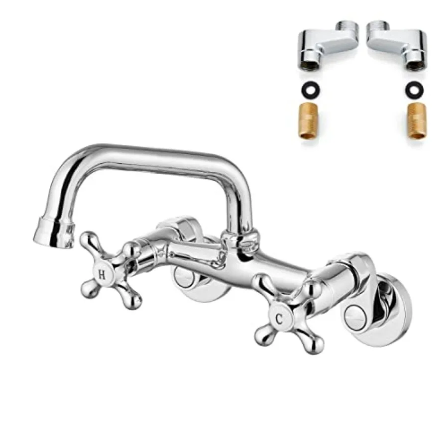 

Wall Mounted Kitchen Faucet Chrome Polish 6 Inch Spout Reach 6 Inch Center Adjustable Center Double Cross Handles Mixer Tap 360