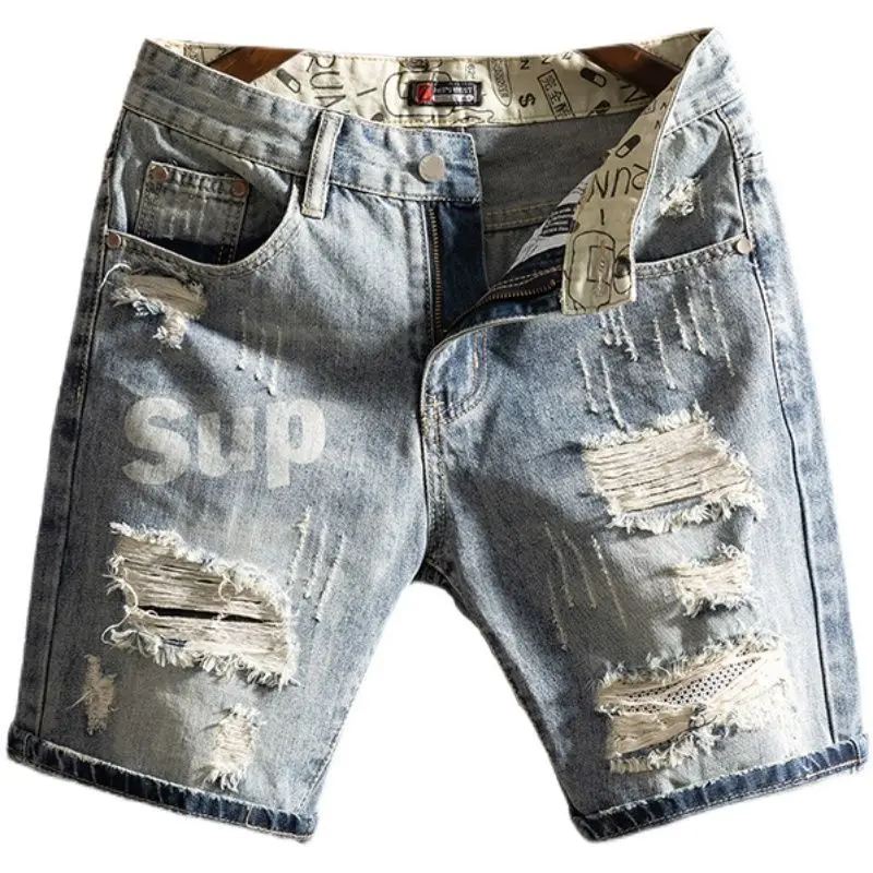 Trendy Brand Beggar Denim Boys Summer Thin Ripped Patch Printed Medium Pants Korean Outerwear Cowboy Shorts Man Short Half Pants