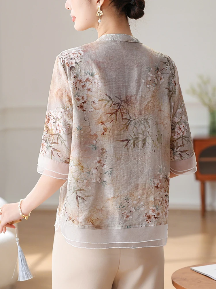 Chinese Style Print Summer Shirts & Blouses Women Short Sleeve Chiffon Clothes For Women Tees Top Single-breasted Shirt