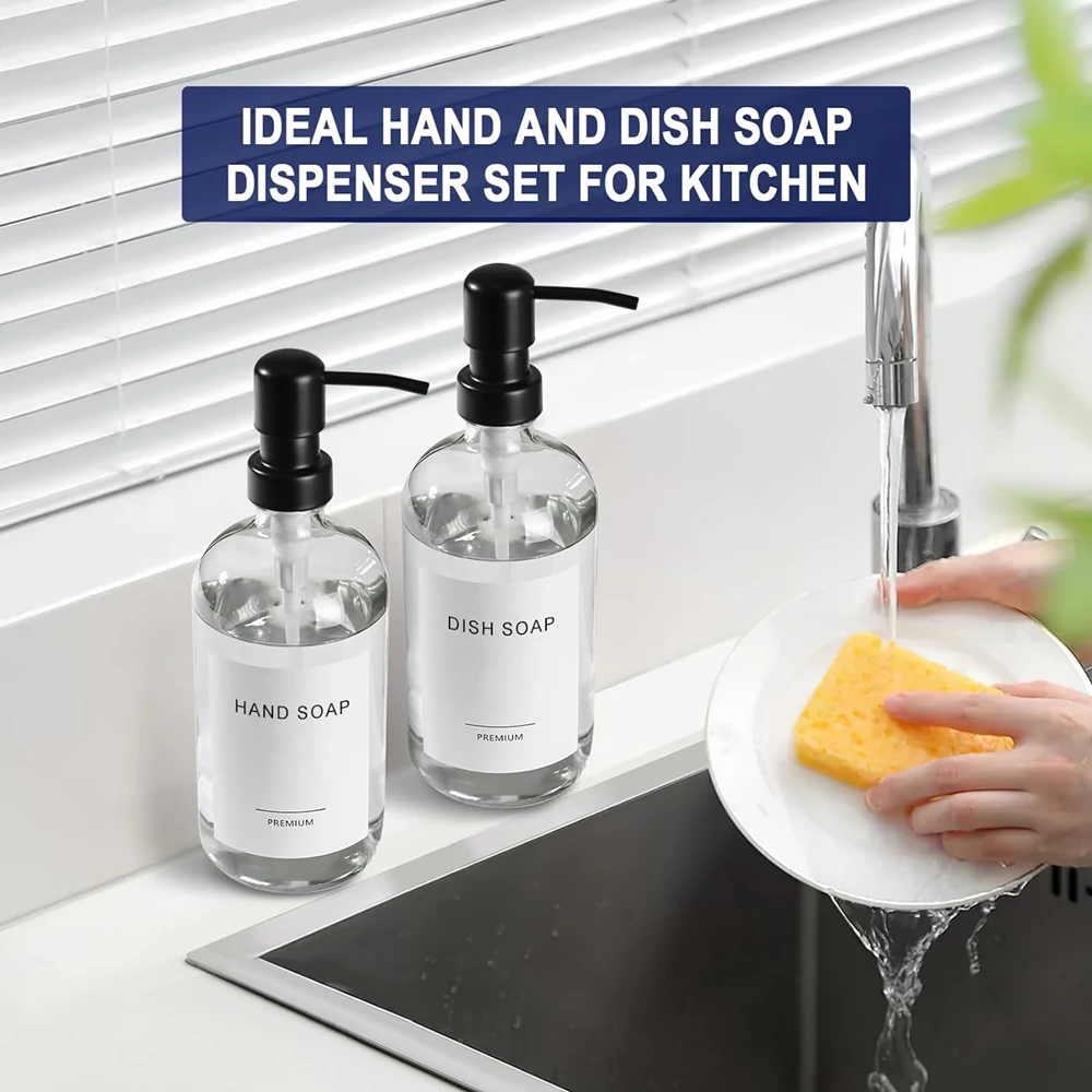 Dispensador de jabón de vidrio transparente para baño y cocina, juego de dispensador de jabón de mano con bomba de acero inoxidable negro mate, 2