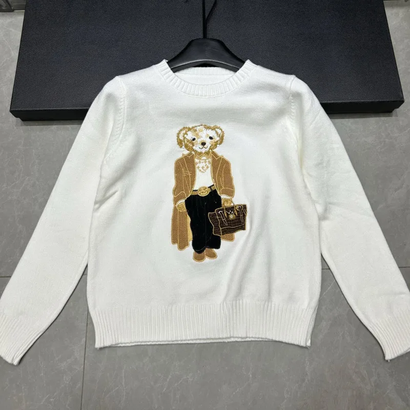 

Роскошный бренд в европейском стиле, вязаный пуловер с вышивкой медведя, топы для женщин, модный повседневный свободный трикотаж, свитер, женские пуловеры