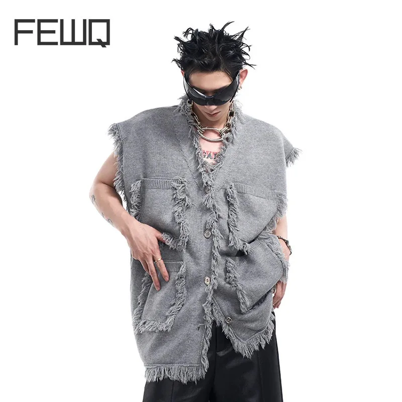 

FEWQ Niche Design V-neck Sweater Men's Vest Autumn Knitted 2024 Solid Color Vintage Singe Breast Pocket Sleeveless 24E2535