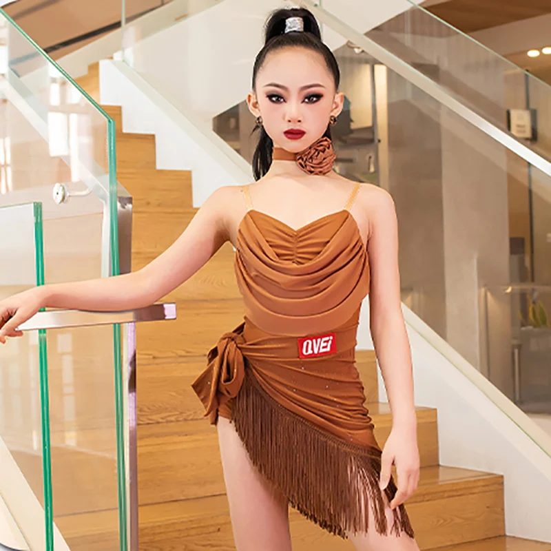 Vêtements de danse latine pour enfants filles, body et jupes à pompons, Costume de compétition de Performance professionnelle Standard National