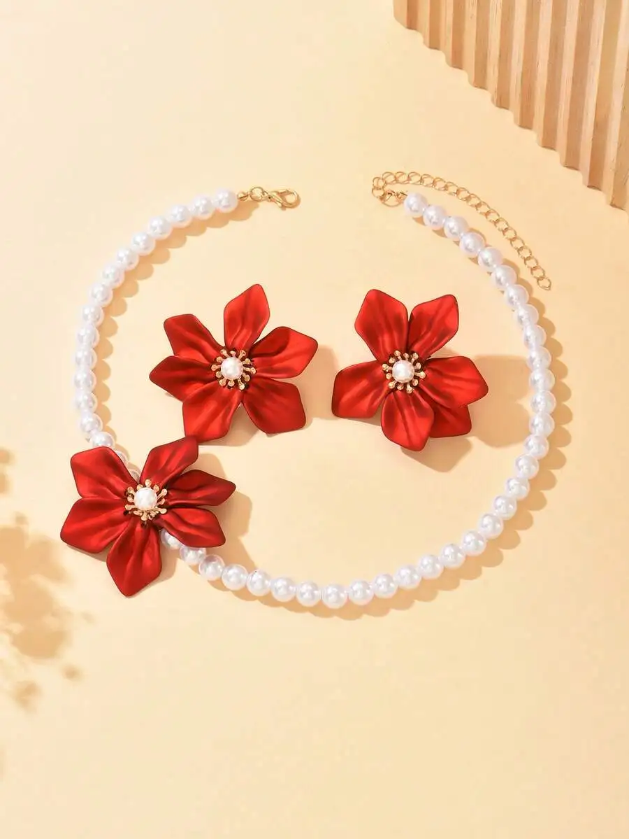 3pcs Elegant Necklace + Earrings Jewelry Set, Romantic French Palace Style, Faux Pearl, 3D Red Woven Acrylic Flower Design, Suit view 3
