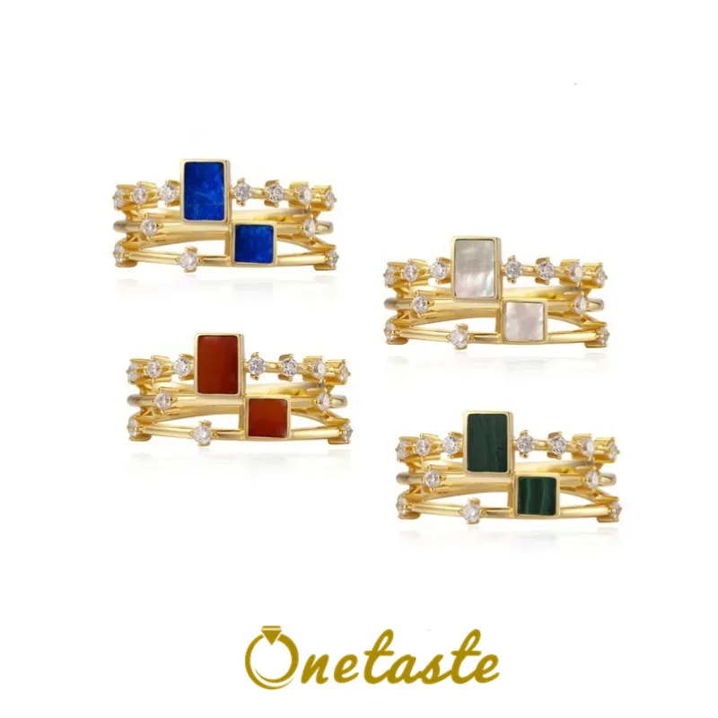 

Натуральный лазурит, малахит, агат, перламутр, серебро 925 пробы, циркон, шикарное кольцо, женские роскошные кольца из золота 18 карат с геометрическим рисунком, 2024, новый подарок