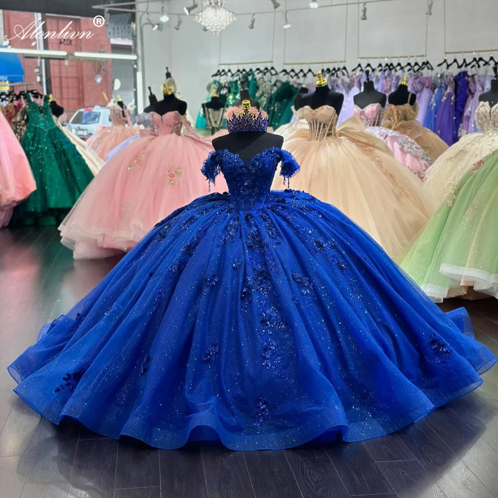 

Alonlivn Quinceanera Dresses 3D Appliques Beaded Pearls Off Shoulder Short Sleeves Vintage Party Gowns Customize Made