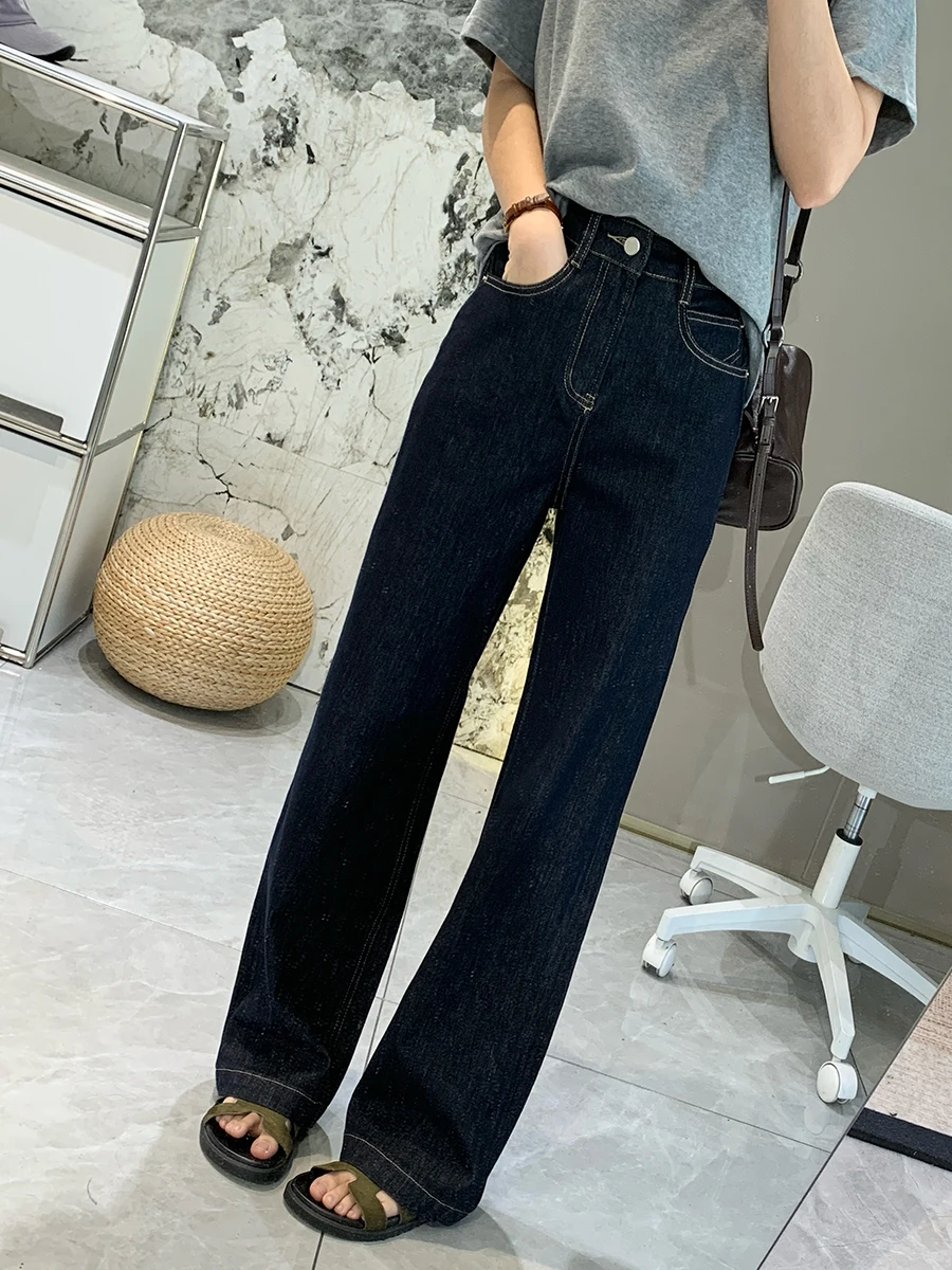 

Джинсы женские прямые из денима оригинального цвета, облегающие, эластичные, нелиняющие, с высокой талией, хлопковые, на резинке, весенние