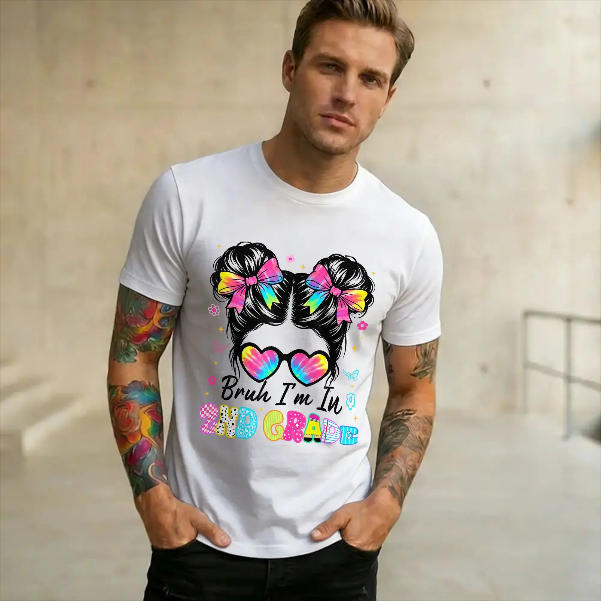 Men Women Bruh Im in 2nd Grade Messy Bun First Day of School Girls  Shirt Pure Cotton New Arrival Tee Shirts  Top Clothing