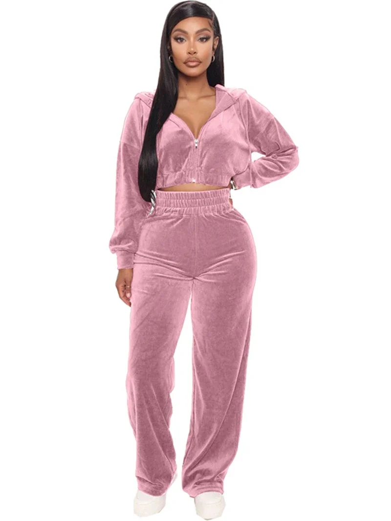 Tuta in velluto da donna Set da due pezzi Abiti autunnali Felpe con cerniera Crop Top e pantaloni Set Set da 2 pezzi in velluto femminile