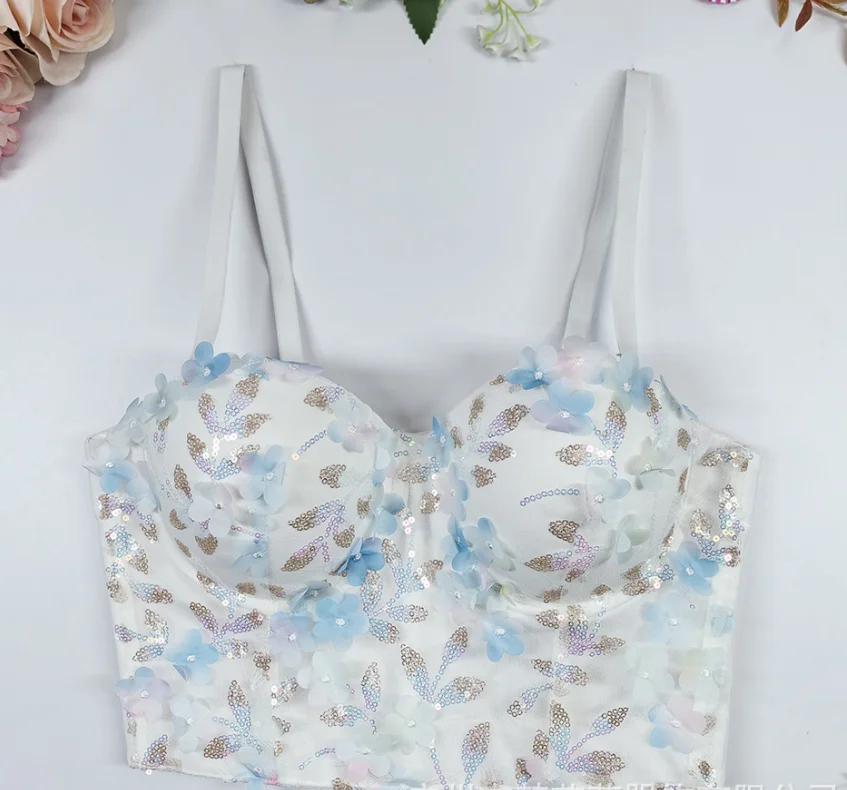 

2025 Women 3D Flower White Printing Corset Top Crop Bustier Bra Push Up Bodice Sexy Lingerie Sling Party Short Clothes p1712