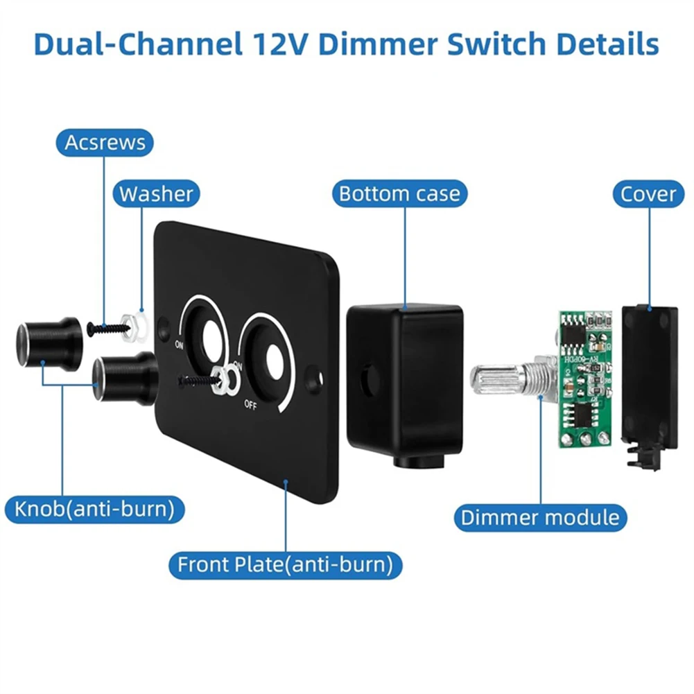 Regulador de intensidad LED doble de 12 V CC con carga rápida USB y memoria integrada para un control de iluminación separado en vehículos y camiones