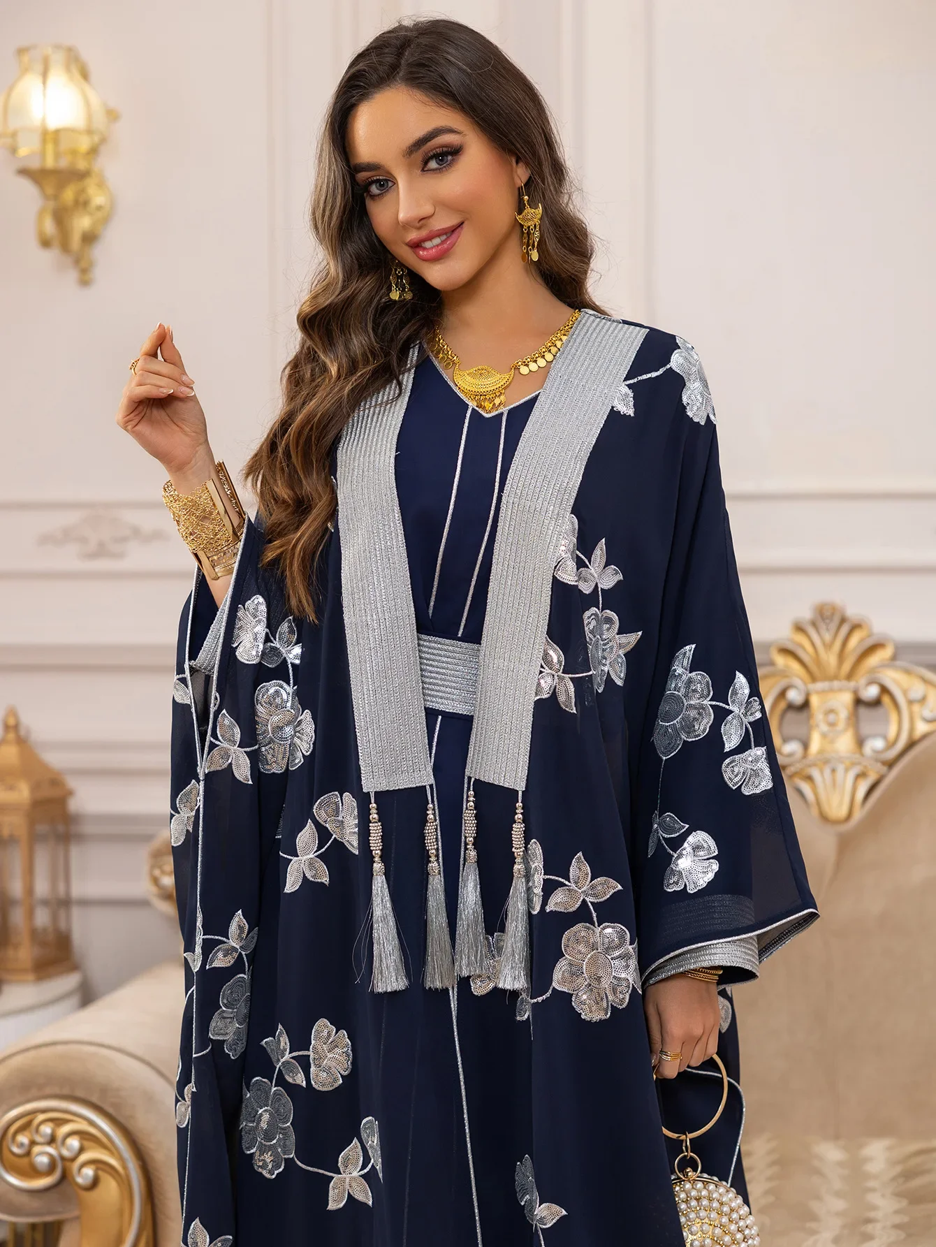 

2pcs Ramadan Muslim Sets for Women Embroidery Kimono Cardigan With Inner Dress Kebaya Caftan Marocain Femme Robe Eid Djellaba