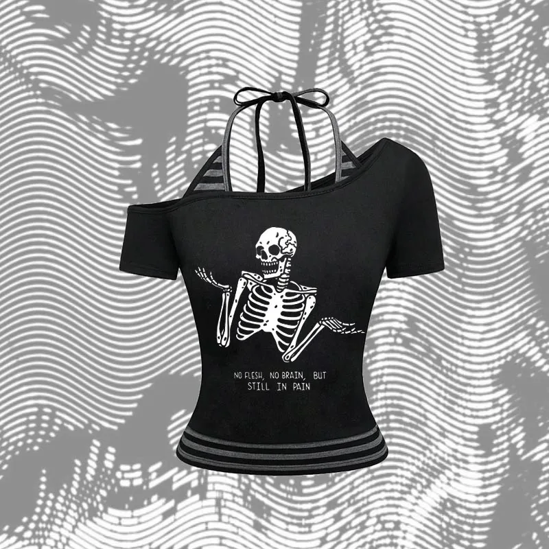 

summer 2025 new two-piece imitation contrasting color street Y2K striped clothing Gothic printed letters punk style top