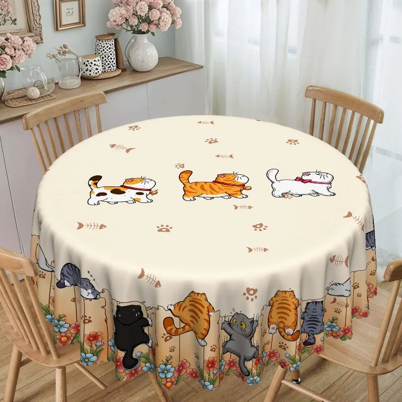 Cartoon Cat Print Tablecloth Lovely Kitten Paw Fish Pattern Scalloped Edge Table Cover for Home Kitchen Dining Table Decor
