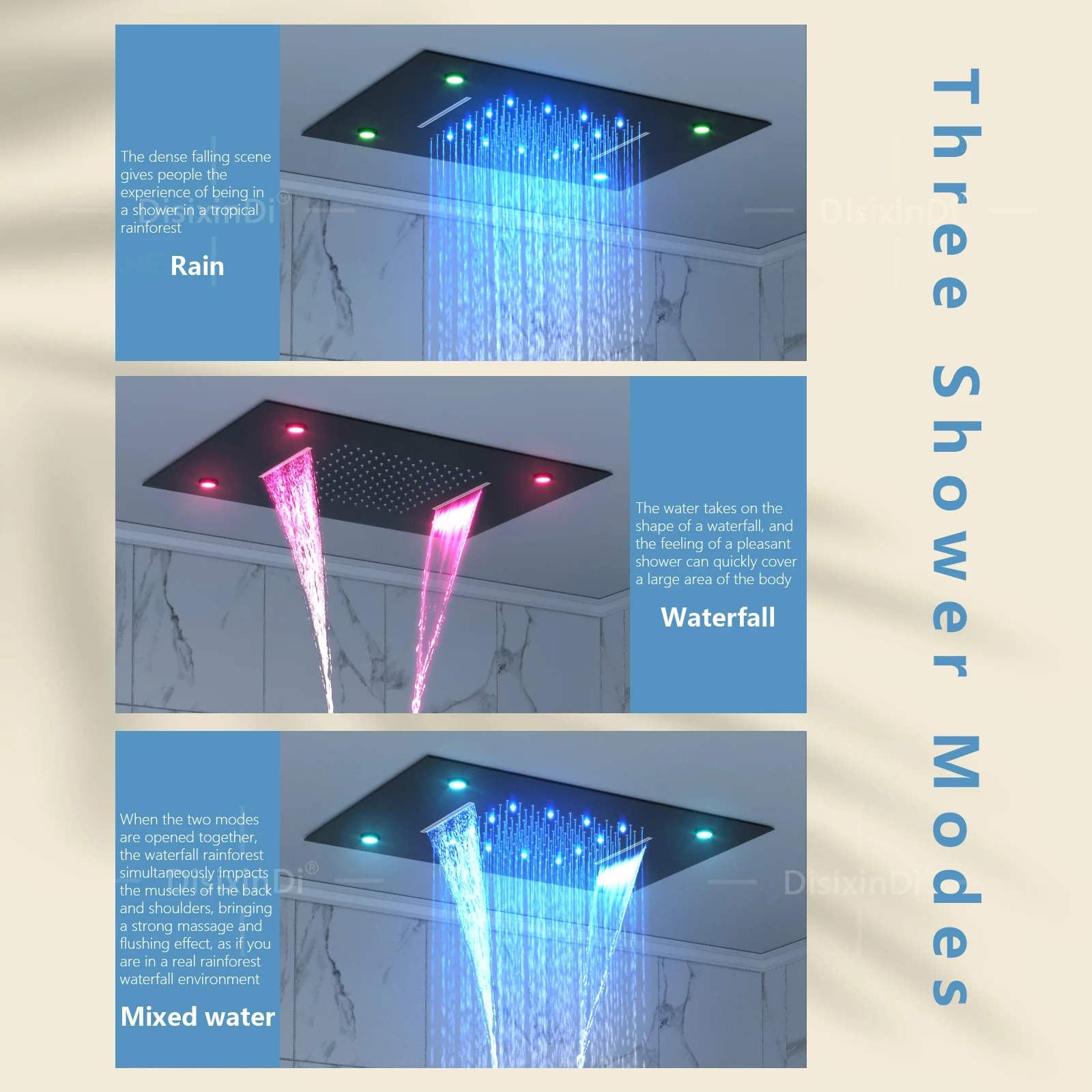 Bathroom Thermostatic Shower Faucet Concealed 3 Function Shower Mixer Luxurious Ceiling Embedded LED Shower Set