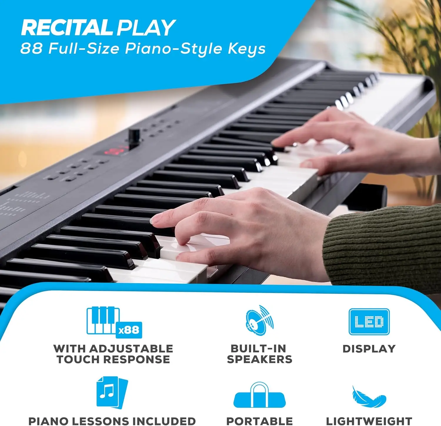 88 Key Keyboard Piano with 480 Sounds, Speakers, USB MIDI, Carry-Bag, Stand, Headphones, Pedal and Piano Lessons for