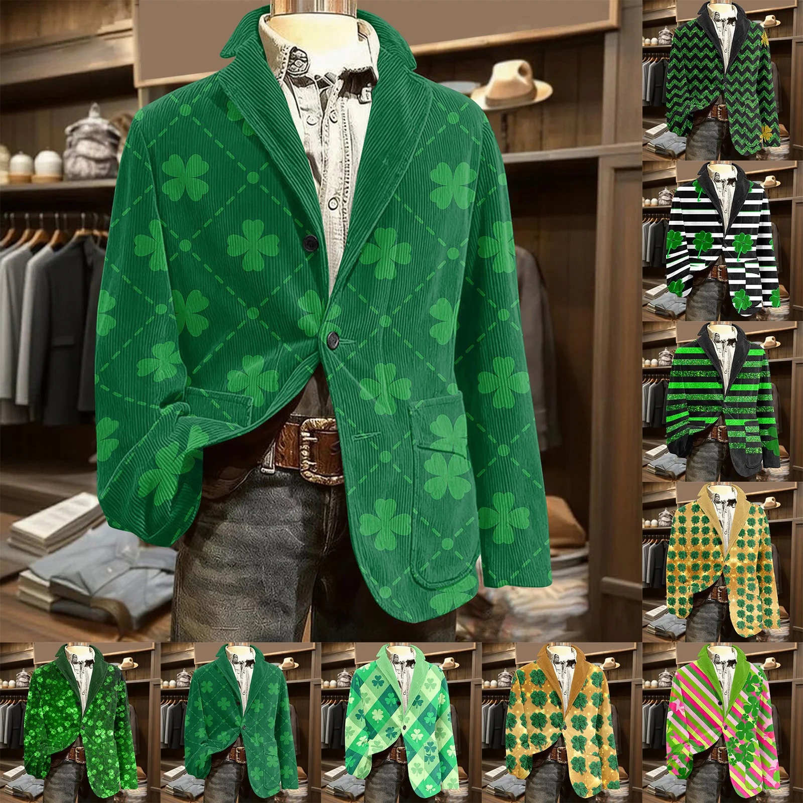 

Green Clover Men'S Warm Casual Suit Jacket St. Patrick'S Day Printed Jacket Cardigan Solid Color Top Simple Comfortable Jacket