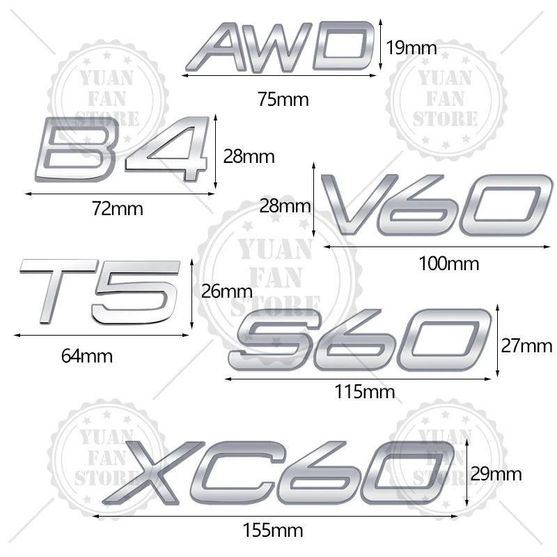 1ชิ้นตัวอักษรโลหะสำหรับวอลโว่ CX40 CX60 V40 V60 D8 S60 V70 XC70 D2 D3 D4 T2 D5 T3 CX90 T6 B2 B3 B4 B5 B6 D6สัญลักษณ์3D AWD