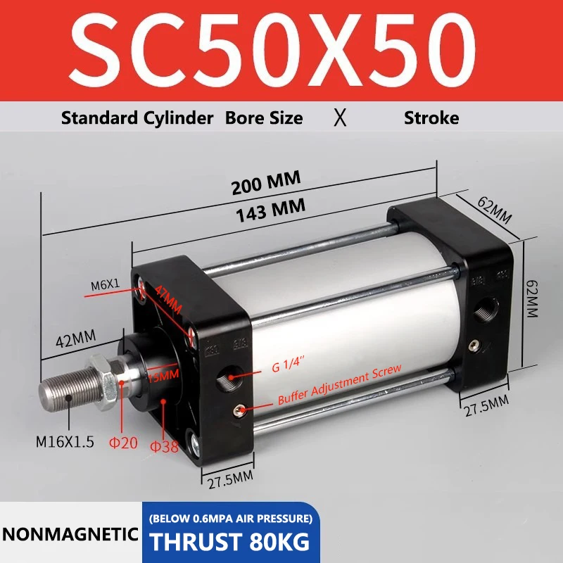 

Стандартный пневматический цилиндр ABILKEEN SC50X50, диаметр отверстия 50 мм, ход X 50 мм, воздушный стандартный цилиндр двойного действия