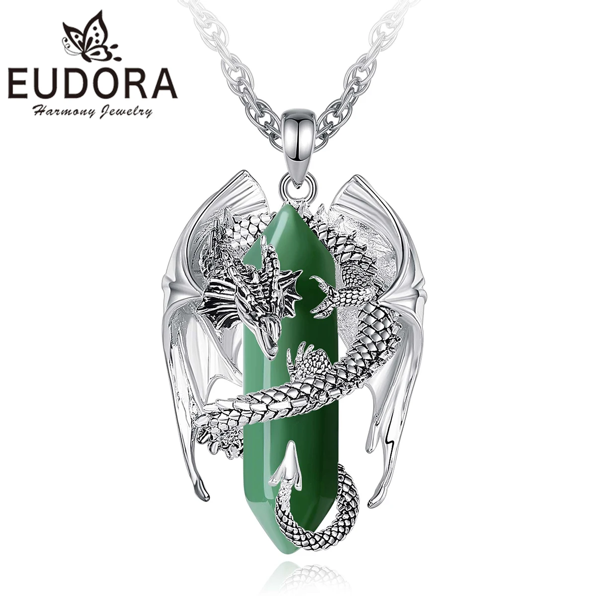 Eudora Dragon Twining Hexagonal Jade Prismatic Necklace Punk Healing Jade Stone Pendant Fine Meditati Jewelry for Women Man Gift