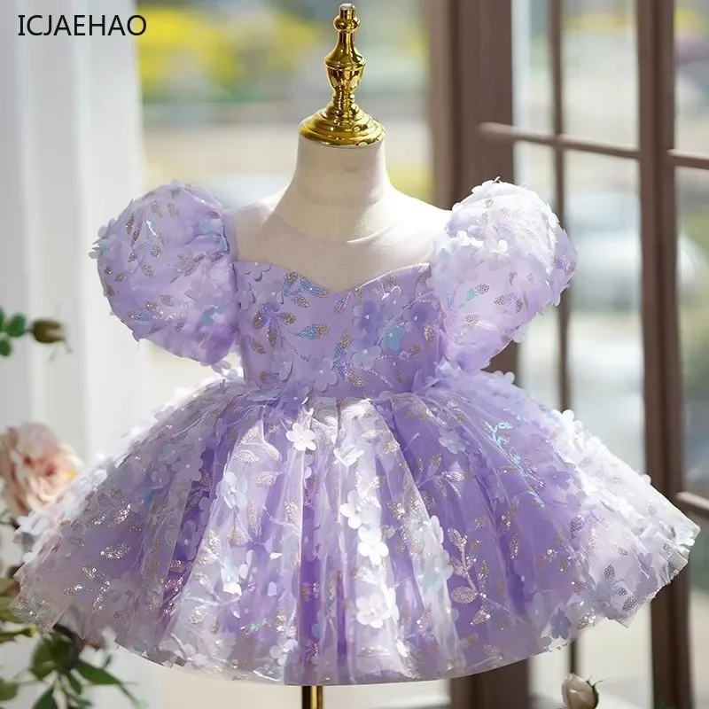 ICJAEHAO 2024 Children Birthday Party Christening Princess Dresses Kids Clothing Puff Sleeves Girl Flower Elegant Sequin Clothes