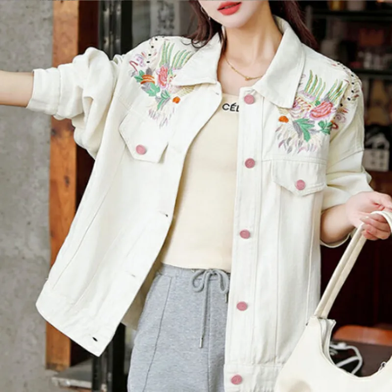 

ZXRYXGS Embroidered Floral White Denim Jacket Women's Clothing 2025 College Style Loose Fashion Jacket College Style Trend Coat