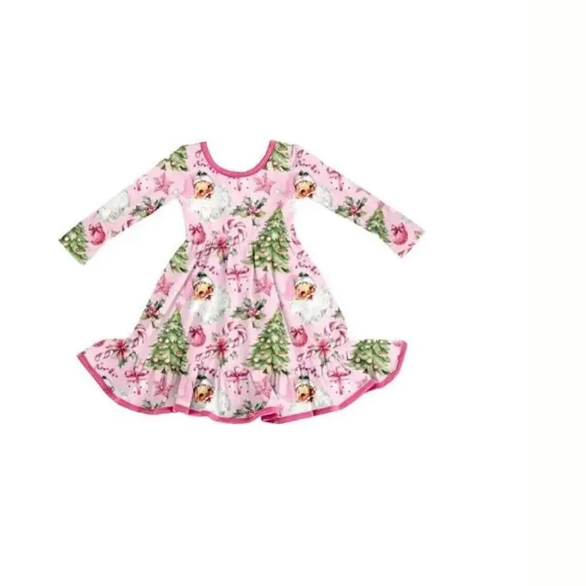 Wholesale Girls Twirl Dress Halloween Pumpkin Christmas Bow Tree Santa Print Long Sleeve Ruffle Dress
