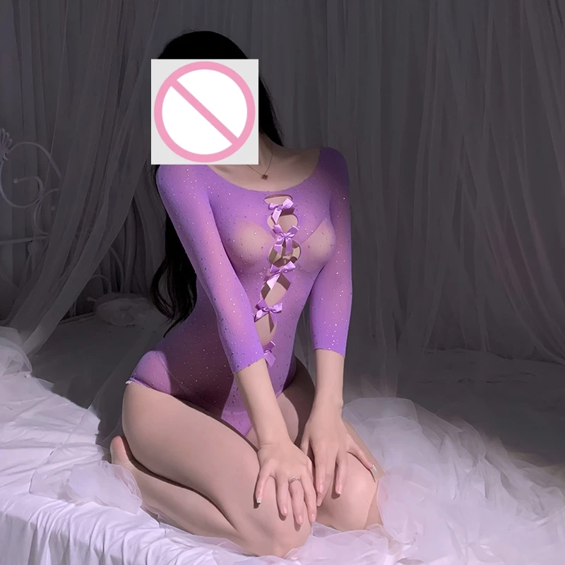 Lingerie sexy per pulcini caldi - abito intero con paillettes traforate con nodo a farfalla trasparente L718