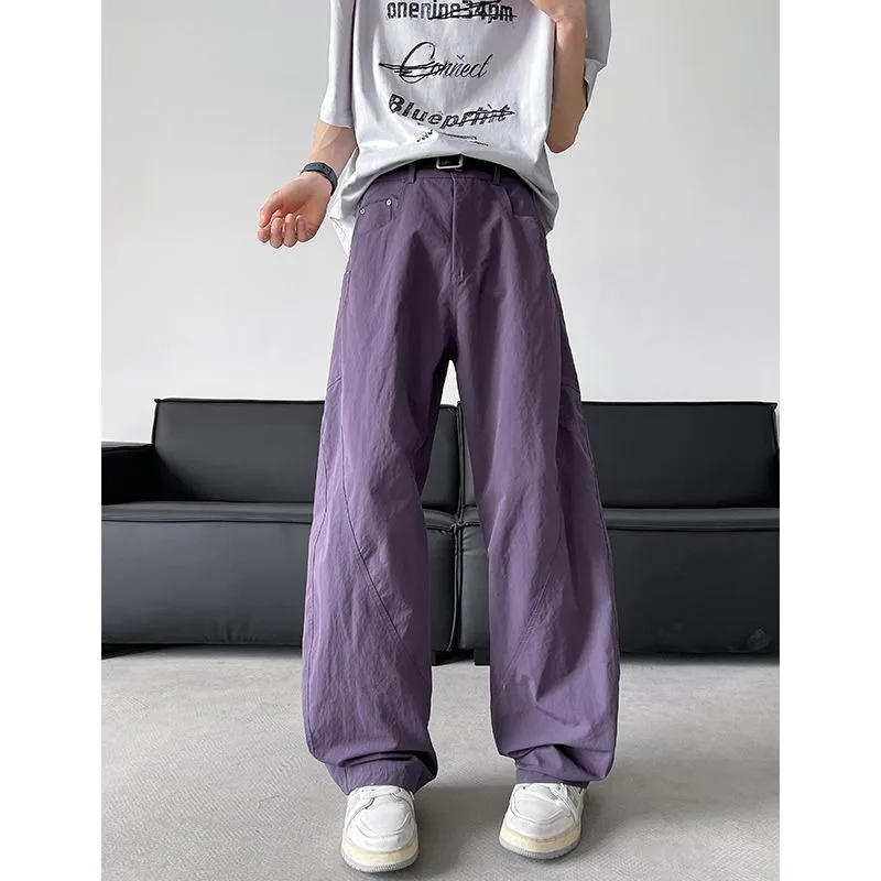 Men Purple Scimitar Pants Thin Quick Dry Curved Trousers Plus Size Flared Wide Leg Casual Pants