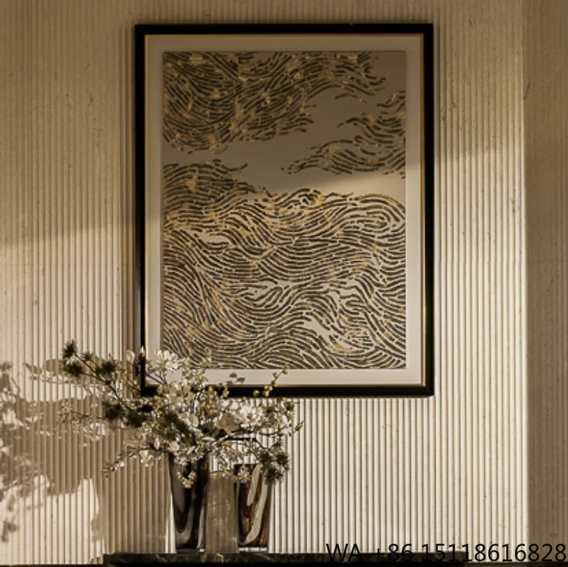 Aluminum Alloy Metallic Shimmer Luxury Print Wall Art Gold Wave Pattern Canvas Painting for Bronze Abstract Framed Decor